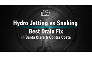 Featured plumbing graphic with title Hydro Jetting vs Snaking: Best Drain Fix in Santa Clara & Contra Costa