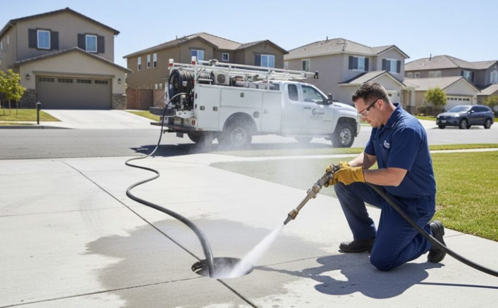Wide-angle view of hydro jetting service on a home sewer line in California.