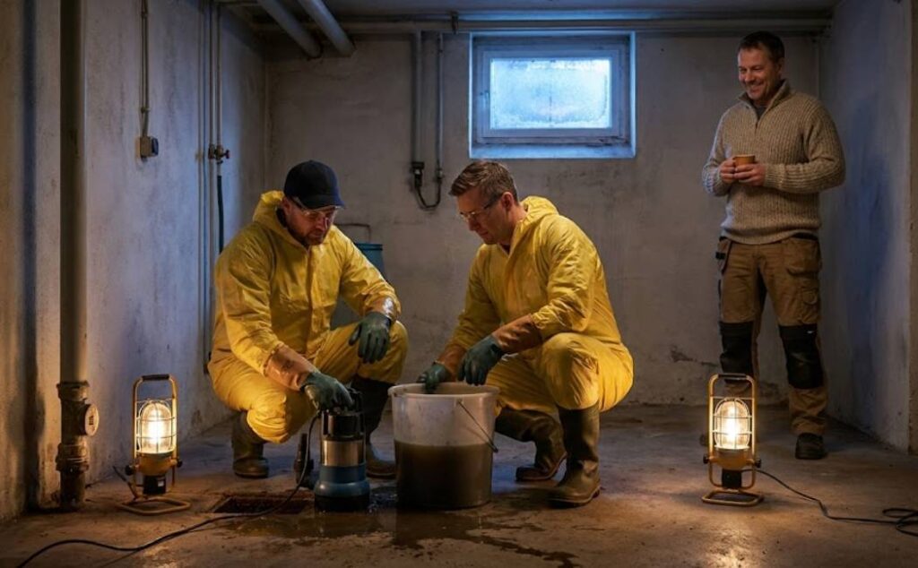 Emergency team containing basement sewer backup with portable pump