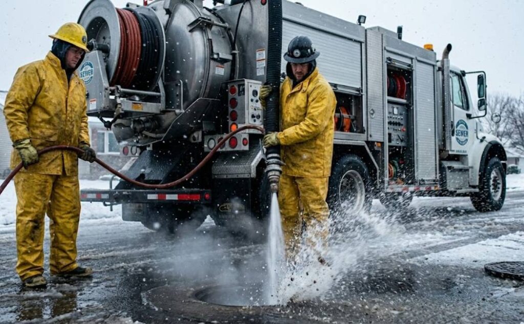 Hydro-jetting team clearing a residential main sewer line in winter