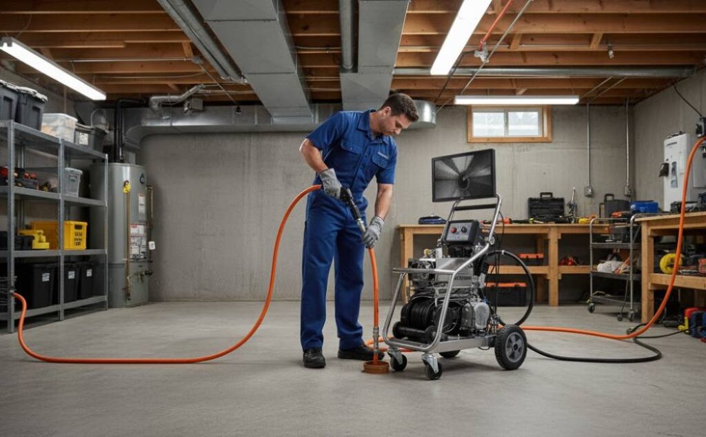 Professional plumber performing hydro jetting and camera inspection.