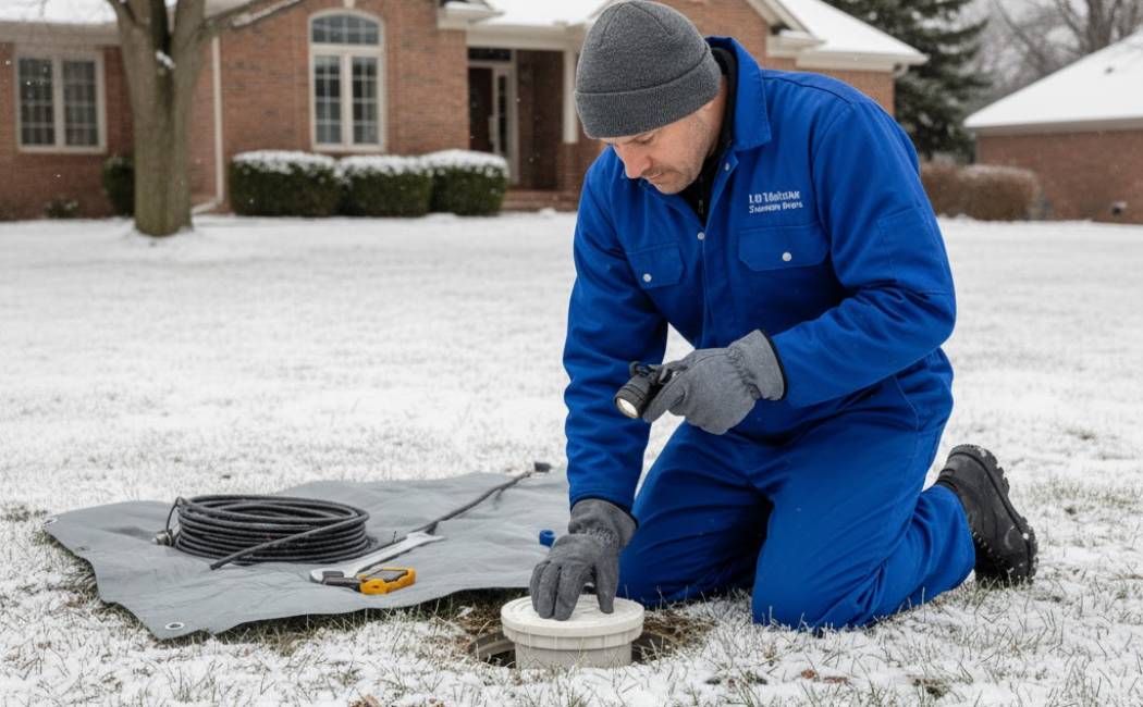 Damaged sewer line in winter with frost buildup and blocked drainage.