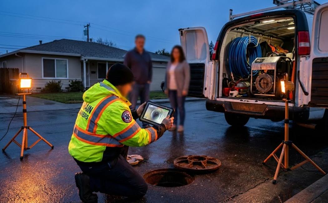 Emergency drain technician assessing a main sewer cleanout at dusk.