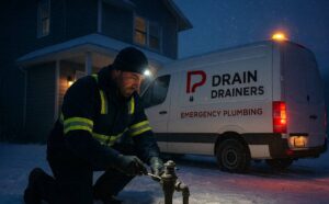 Emergency plumber inspecting an outdoor water meter beside a snowy house at night.