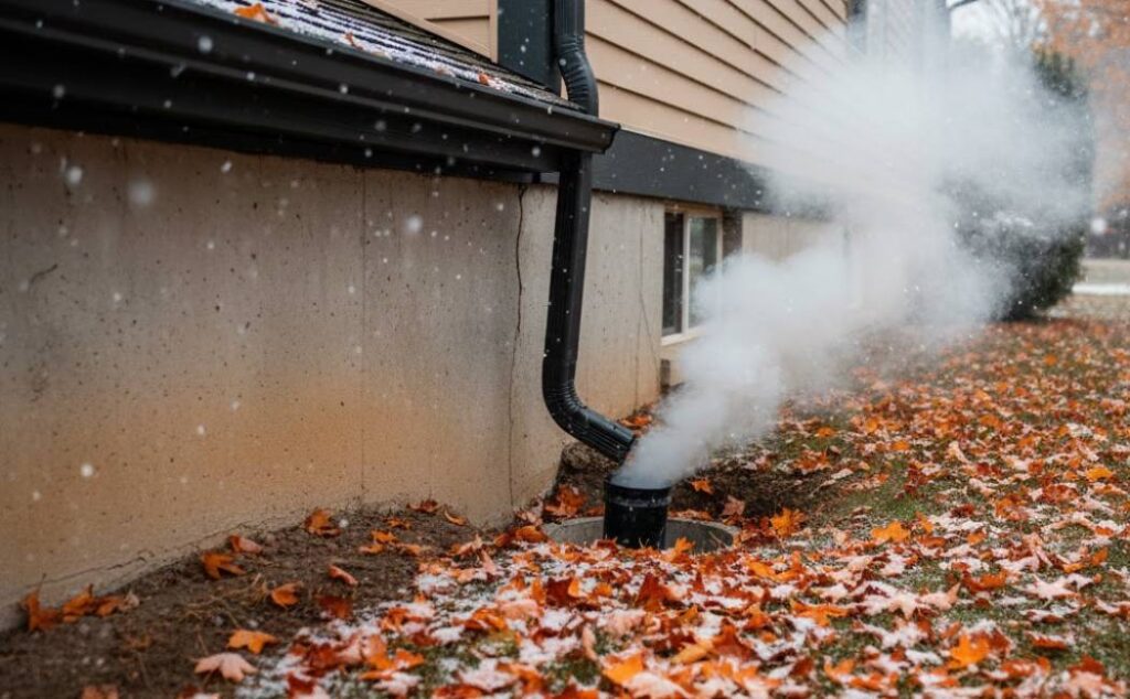 Smoke emerging from a foundation crack and improper downspout connection