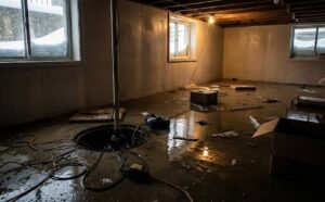 Sump pump failure causing basement flooding during December winter storm