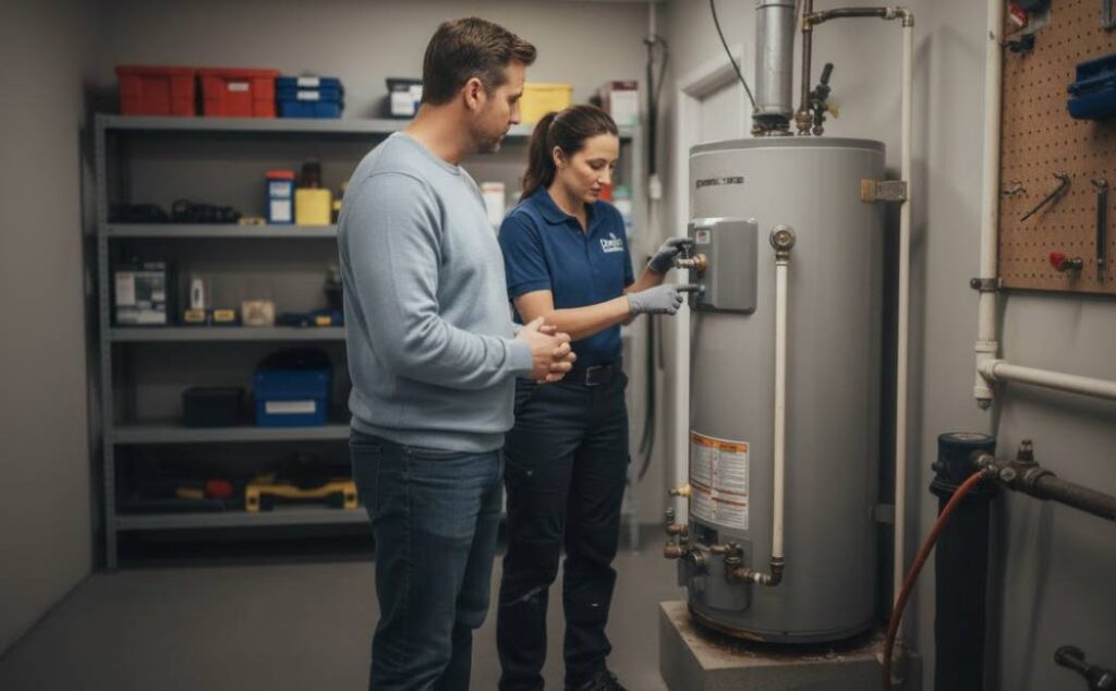 Plumber inspecting an aging water heater in a utility room.