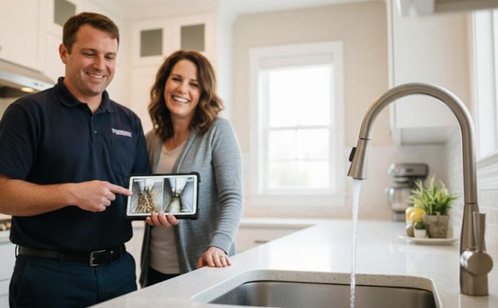 Technician showing before-and-after pipe footage while testing the sink.
