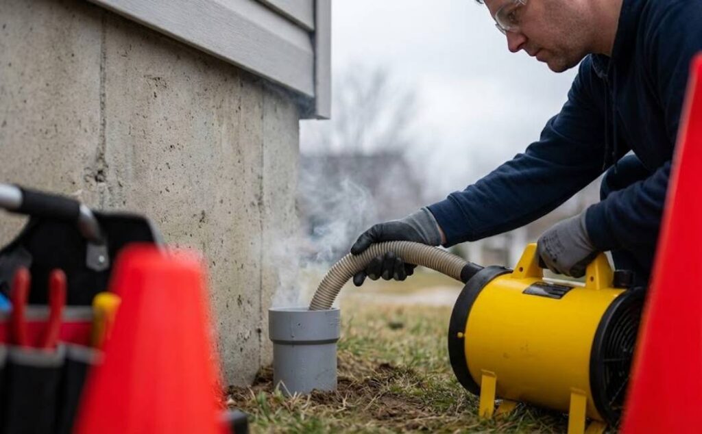 Technician injecting non-toxic smoke into a basement cleanout during inspection