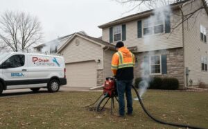 Technician running a non toxic sewer smoke test beside a Reliable Dye & Smoke van at a suburban home