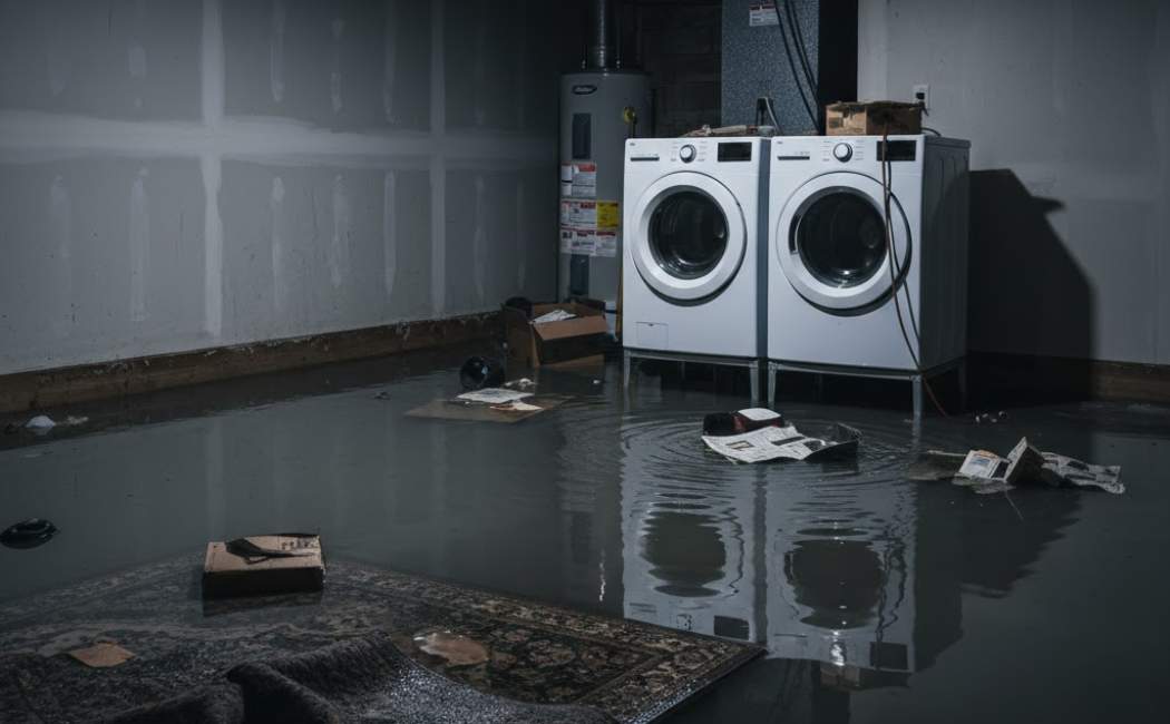 Basement flooding caused by sump pump failure in winter