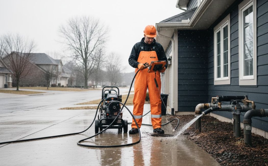 Professional sewer cleaning service during winter storm conditions