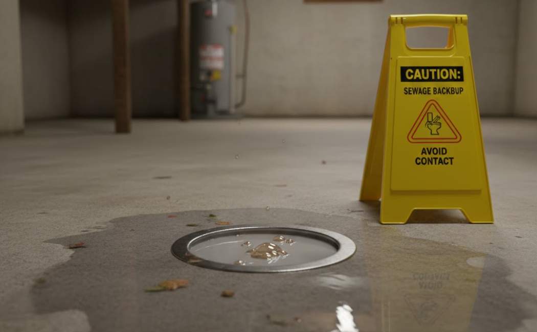 Floor drain backup warning sign of sewer line blockage