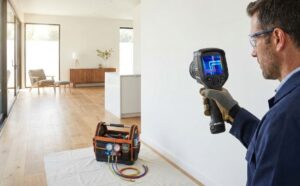 A hidden pipe leak inside the wall is causing moisture and mould damage