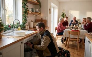 Holiday plumbing emergency with a clogged kitchen sink during a family gathering