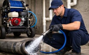 Professional hydro jetting service cleaning residential drain pipes