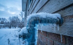 Frozen outdoor house pipe covered in ice during extreme winter temperatures