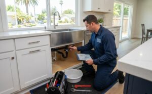 Professional plumber inspecting residential plumbing system in Santa Clara CA home
