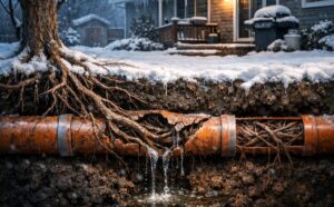 Tree roots growing inside a cracked sewer pipe during winter causing blockage and plumbing damage
