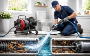 Plumber using hydro jetting and drain snaking to clear residential drain after winter buildup