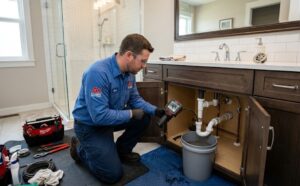 A professional plumber is inspecting a clogged drain to prevent costly plumbing damage