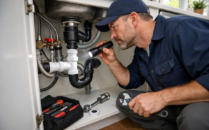 preventive plumbing inspection under the kitchen sink by a professional plumber